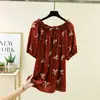 Blusa de Algodão e Seda de Manga Curta para Mulheres, Nova Estampa Floral, Camiseta Solta com Mangas Morcego Off-Shoulder, Tamanho Plus