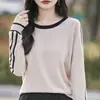Suéter de malha feminino 100% algodão puro de alta qualidade para atacado, gola redonda, color block, macio e confortável, pulôver sem pressão, absorvente de suor e respirável