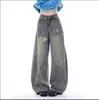 Jeans Wide-Leg Estampado Star Ya Meng Feminino Primavera Outono Novo Solto Retro Americano Saber Emagrecimento Calças Compridas