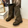 Botas Plataforma de Cadarço com Salto Grosso Plus Size para Mulheres, Estilo Retrô 2026, Botas de Cano Alto com Design Empilhado e Aberturas Altas nas Pernas