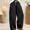 Calça baguete de verão retrô artística com bainha desfiada, cordão, cintura elástica, bainha curva, solta e modeladora, calça casual da moda
