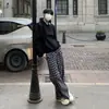 Pantalones de cuadros azul marino para hombre, estilo otoño, pantalones anchos relajados y holgados, corte limpio, pantalones casuales holgados de corte curvo