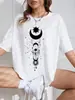 Camiseta Holgada de Hombro Caído 2024 con Estampado de Sol, Luna, Europeo y Americano