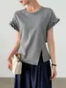 Camiseta de Manga Corta Azul Marino con Dobladillo Fruncido, Espalda Cruzada, Hombro Normal para Mujer, Verano 2025, Top Irregular Ajustado