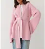 Cardigã de Malha Feminino Comprimento Médio Estilo Europeu, Nova Coleção Outono e Inverno, com Cinto, Caimento Solto, Simples e Elegante, Casaco Suéter de Cor Sólida
