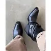 Primer encuentro: Moda de nicho, botas de mezclilla adelgazantes, botines con hebilla de cinturón retro, botas de montar de tacón grueso simples para mujer