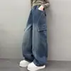 Pantalones vaqueros de otoño e invierno para niña 2025 nuevos informales de estilo coreano, pantalones cargo de pierna ancha con bolsillos grandes para niños mayores