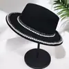 Sombrero de Lana de Ala Plana Estilo Socialité Francés con Perlas, Sombrero Elegante Europeo y Americano, Sombrero de Jazz para Fotografía de Viajes de Celebridades de Internet, Versátil 7 Autooperado