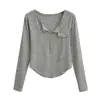 Camiseta de Manga Larga con Bolsillo de Hebilla Tridimensional Estilo Americano Chica Caliente Ajustada Aspecto Delgado Solapa Otoño Ajuste Delgado Top de Aspecto Delgado