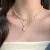 [Aço Titânio] Novo Colar Dupla Camada de Pérola Coração Feminino Luxo Leve Alta Qualidade Dobrável Usar Popular Corrente para Clavícula