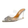 Sandalias destalonadas de tacón alto transparentes con pedrería y punta fina, nuevo modelo de verano 2026, chanclas sexys de moda para exteriores para mujer