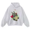 Sudadera con capucha lavada y desgastada estampada anime retro floral negra extragrande hombros caídos sudadera de pullover moderna