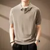 Camisa Polo Masculina de Verão com Listras Verticais em Mistura de Linho Lyocell, Fina, Texturizada, Gola Lapela, Tricô, Manga Curta
