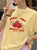 Camiseta Oversize Corta para Mujer con Estampado de Fresas y Letras 180G Transfronteriza