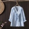 2023 Primavera e Verão Novo Doce Renda Costura Orelha Decote V Sete Mangas Camisa Boneca Top Camisa Mulher