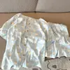Conjunto de Pijama com Estampa Completa de Ganso Grande Fofo para Mulheres, Conjunto de Verão com Blusa de Gola Redonda Manga Curta e Shorts, Roupa de Casa Macia e Fofa Estilo Princesa, Adequado para Sair