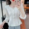 Camisa blanca de jacquard con diseño de nicho francés Sense para mujer, primavera y otoño 2023, nueva blusa de manga larga con cintura adelgazante