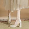 Nuevos Zapatos de Tacón Alto con Plataforma de Satén y Perlas de Punta Cuadrada para Mujer, Primavera 2026, Zapatos de Tacón Grueso Individuales para Mujeres Pequeñas