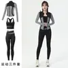Conjunto de Três Peças para Yoga Feminino Primavera e Outono Color Block Manga Longa Slim Fit Valoriza a Silhueta Esportivo Fitness Corrida Cintura Alta Conjunto Fitness