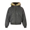 Chaqueta de Algodón con Cuello de Piel de Oso de Montaña Estilo Retro Americano Magic Bear, Estilo Motociclista, Chaqueta de Cuero Aviador Genial, Abrigo de Algodón Forrado de Forro Polar
