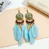 Pendientes Bohemios de Plumas Transfronterizos, Exquisitos Accesorios Florales Estilo Vacacional, Pendientes Largos con Borlas Estilo Étnico Retro