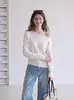 Top Pequeno de Ombro Caído Diagonal Tricô Branco Feminino Primavera Novo Estilo Estilo Coreano Único Lindo Suéter de Manga Longa 9422