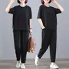 Traje Deportivo Casual para Mujer Talla Grande 100 kg Verano Holgado Moda Manga Corta Pantalón Largo Conjunto de Dos Piezas