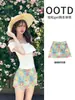 Top de um ombro só, Saia curta floral, Novo look de verão para mulheres, Conjunto de saia estilo coreano, Exquisito para pessoas baixinhas no verão