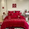 Conjunto de quatro peças para casamento, 100% algodão, vermelho vivo, para camas de noivos, incluindo lençóis e fronhas de edredom, alta qualidade, algodão puro, perfeito para o quarto de recém-casados