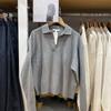 Suéter Casual Feminino Japonês de Algodão Liso com Gola Polo Listrado Tricot V-Neck Colorblock Suéter Top 476973