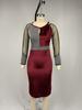Vestido de Moda Cruzada Europeia e Americana com Gola Redonda, Recortes em Renda, Slim, Manga Longa, que Cobre o Quadril, Comprimento Médio para Mulheres