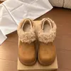 2026 Novos Sapatos Casuais de Pelúcia com Solado Grosso Femininos Sapatos de Algodão Retrô Botas de Neve Aumenta Altura Pelo Inverno Bege Roupas de Fora Quente