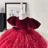 Vestido de cumpleaños para niña color vino tinto, vestido de princesa con lentejuelas y malla, vestido tutú infantil de estilo occidental, vestido para niña de las flores
