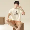 Pijama de Pareja Verano Hombres Algodón Puro Rayas Manga Corta Pantalones Cortos Agradable a la Piel Casual Talla Grande Hombres Delgado Conjunto de Ropa para el Hogar