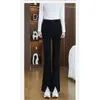 Pantalones de traje personalizados de microcampana para mujer, Nuevo estilo Primavera y Otoño 2026, Pantalones casuales ajustados de cintura alta para mujeres petite, con efecto drapeado y aberturas laterales