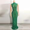 Malla Deslumbrante Diamante Caliente Transparente Ajustado Sexy Falda Larga Vestido de Noche Traje de Actuación Escénica
