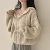 Cardigan jaqueta suéter de outono coreano chique de tricô grosso com trança e capuz com zíper e manga longa 17152