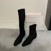 Versión Satín~Novedad Otoño/Invierno Botas Elásticas de Punta Cuadrada Botas Adelgazantes Moda Femenina Temperamento Botas Altas Planas Adelgazantes