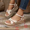 Sandalias de tiras cruzadas con plataforma gruesa para mujer, lazo, suela de esparto, tacón de cuña, correa de hebilla única, boca de pez, sandalias romanas, sandalias romanas de exterior