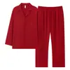 Conjunto de pijama rojo de algodón puro para pareja, estilo primavera/otoño, con cuello de solapa, mangas largas y pantalones largos, adecuado para recién casados, bodas y como ropa cómoda para estar en casa tanto para hombres como para mujeres
