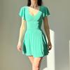 Vestido Mini de Verano Popular para Mujer Europeo y Americano Transfronterizo de Color Sólido de Doble Uso Delantero y Trasero con Manga Campana y Cinturón de Tirantes al por Mayor