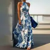 Outono de 2026 Novo Estilo Feminino Transfronteiriço Europeu e Americano Elegante Estilo Socialite Gola Halter Estampada Vestido Longo Feminino