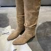 Versão de Pele de Carneiro ~ Couro Genuíno Retro Camurça Emagrecimento Heap Botas Botas Martin Femininas de Salto Grosso Chelsea Botas Curtas Femininas