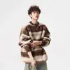 Tejido de Mohair con Cuello Redondo para Hombre y Mujer en Otoño e Invierno Casual Tejido de Punto con Rayas Contrastantes Holgado y Relajado Camisa Base para Pareja
