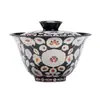 Tazón Negro de Cerámica con Tapa Dinastías Tang y Song Juego de Té Kung Fu con Incrustaciones de Oro y Plata, Diseño Floral Completo, Tazón de Té Esmaltado para el Hogar