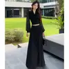 Estilo Coreano Maduro Sexy Malla Cuello en V Manga Larga Otoño 2026 Nuevo Cintura Alta Plisado Falda Larga Conjunto de Dos Piezas