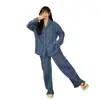 Pijama de Mujer para Otoño e Invierno Cardigan de Imitación Algodón Manga Larga Pantalón Largo Conjunto Ropa de Casa Sencilla Se Puede Usar Afuera con Copas Integradas