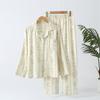 Pijama Feminino 100% Algodão Puro Primavera e Outono Cardigã Floral com Gola Reversível, Conjunto Casual Solto de Manga Longa para Casa