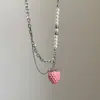 Colar Pingente de Morango Rosa Degradê e Anel Feminino, Temperamento Doce e Fofo, Corrente de Suéter Choker Fashion