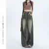 Jeans Wide Leg Lavado Vintage Feminino Cintura Alta Estilo Americano Reto Solto Calças com Barra Dobrada Novo Estilo 2025